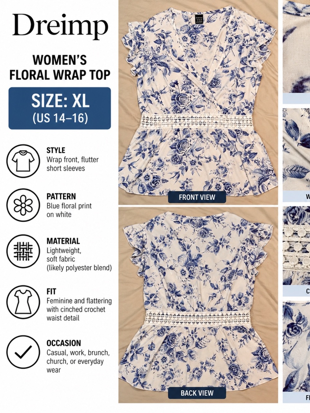 Dreimp Blue Floral Wrap Top - White Base